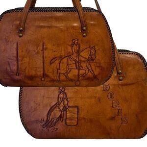 Vintage1940s leather tooled purse, rodeo rider, cowgirl, "Doris" barrel rider,